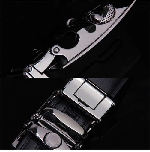 Black Leather Belt with Automatic Belt Buckle (Double Silver Lines) **Sale**