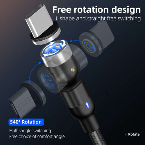 3 in 1 Magnetic Cable 3A Data Fast Charging 540 Rotatable 2m Micro, USB C, IOS Nylon Braided