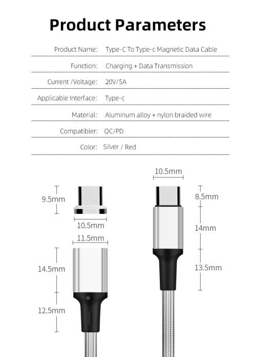 Magnetic Cable PD 20V 5A 100W Macbook Laptop Mobile Ultra Fast Charging and Data 1.8m Type C to C