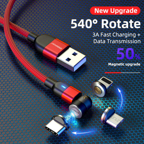 3 in 1 Magnetic Cable 3A Data Fast Charging 540 Rotatable 2m Micro, USB C, IOS Nylon Braided (Red)