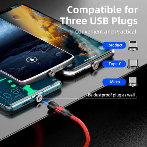 3 in 1 Magnetic Cable 3A Data Fast Charging 540 Rotatable 2m Micro, USB C, IOS Nylon Braided (Red)