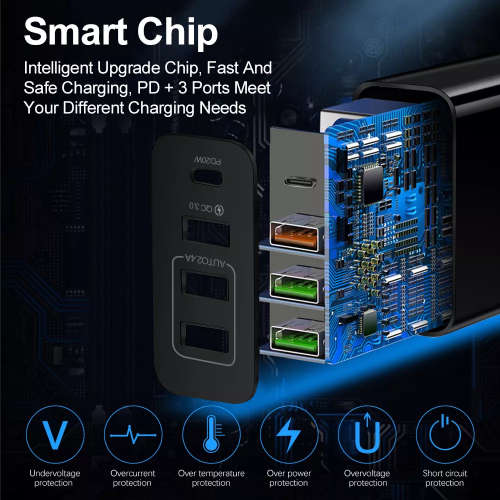 4 Port Fast charging 3 USB A and 1 USB C PD Wall charger (Black) *Sale*