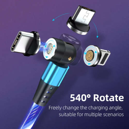 3 in 1 Luminous LED Magnetic Cable 3A Data Fast Charging 540 Rotatable 2m Micro, USB C, IOS (Blue)