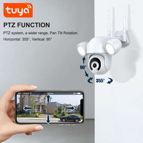 WIFI Control Smart Life Tuya Waterproof Outdoor 5MP HD PTZ Floodlight CCTV Camera