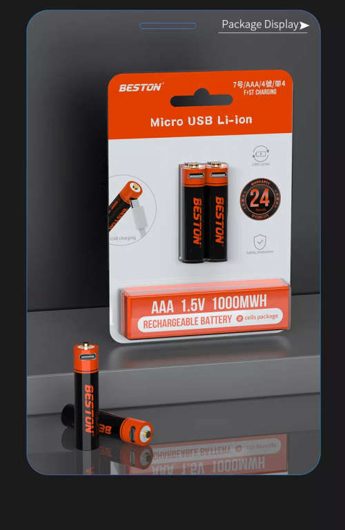 BESTON AAA Micro USB Rechargeable Lithium Battery | 10380 | 1.5V | 690mAh | 2 Pack