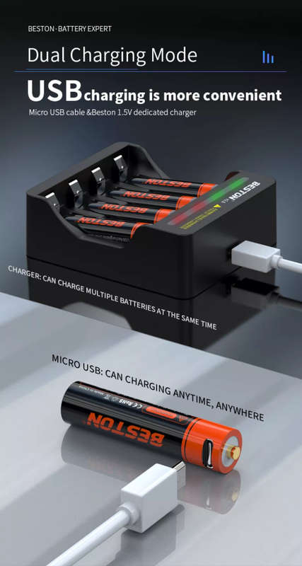 BESTON AAA Micro USB Rechargeable Lithium Battery | 10380 | 1.5V | 690mAh | 2 Pack