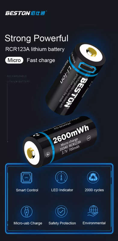 BESTON CR123A Micro USB Rechargeable Lithium Battery | 16340 | 3.7V | 700mAh | 2 Pack