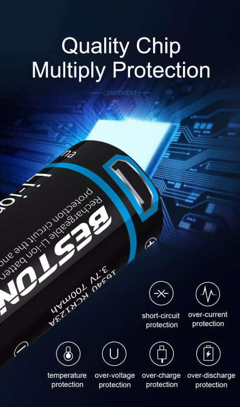 BESTON CR123A Micro USB Rechargeable Lithium Battery | 16340 | 3.7V | 700mAh | 2 Pack