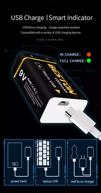 BESTON 9V Micro USB Rechargeable Lithium Battery | 9V | 400mAh | 1 Pack