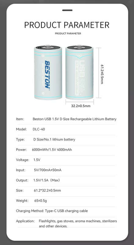 BESTON D Cell USB C Rechargeable Lithium Battery | 1.5V | 4000mAh | 1 Pack