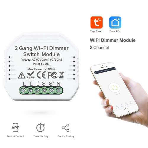 WIFI Control Smart Life Tuya 2CH LED Dimmer Smart Switch (White)