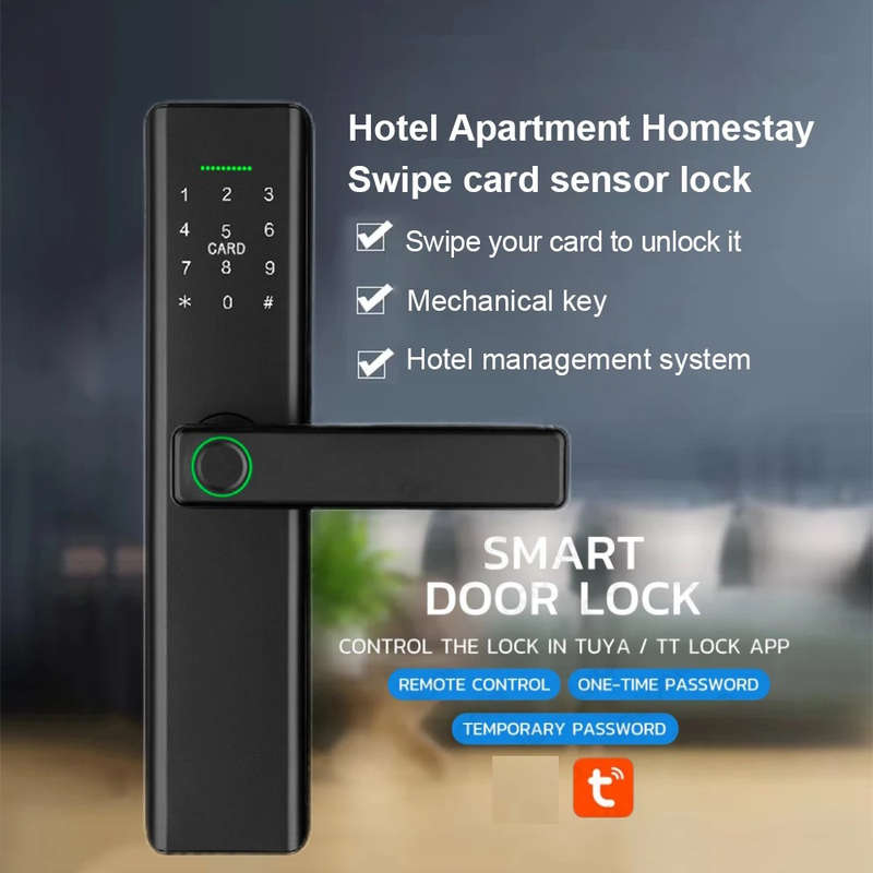 Smart Life Tuya WIFI Access Control Fingerprint Keypad Card Door Handle Lock P14 (Black)