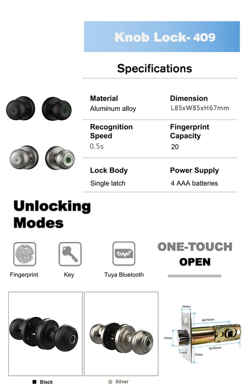 Smart Life Tuya Bluetooth Access Control Fingerprint Knob Door Handle Lock (Sliver)