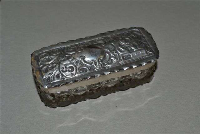 Hallmarked Silver Dressing table Cutt glass container.