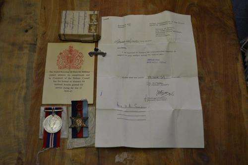 Full size WWII Medal group to Henry Simpson withbox of issue and corespondence.