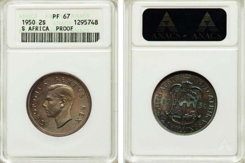 CrAzY R1 - RARE 1950 PF 67 2 shillings`TONED TOP Gem Proof`only 500 minted, Anacs- grab n` bargain
