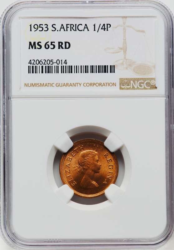 1953 Ms65 RED QE2 SA Union 1/4 P - NGC 3rd Finest `Top Gem`beautiful Deep Red lustre, as struck