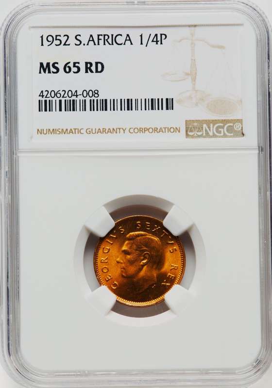 1952 Ms65 RED QE2 SA Union 1/4 P - NGC 2nd Finest `Top Gem`beautiful Deep Red lustre, as struck