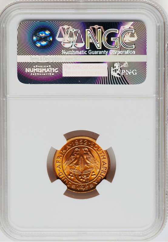 1952 Ms65 RED QE2 SA Union 1/4 P - NGC 2nd Finest `Top Gem`beautiful Deep Red lustre, as struck