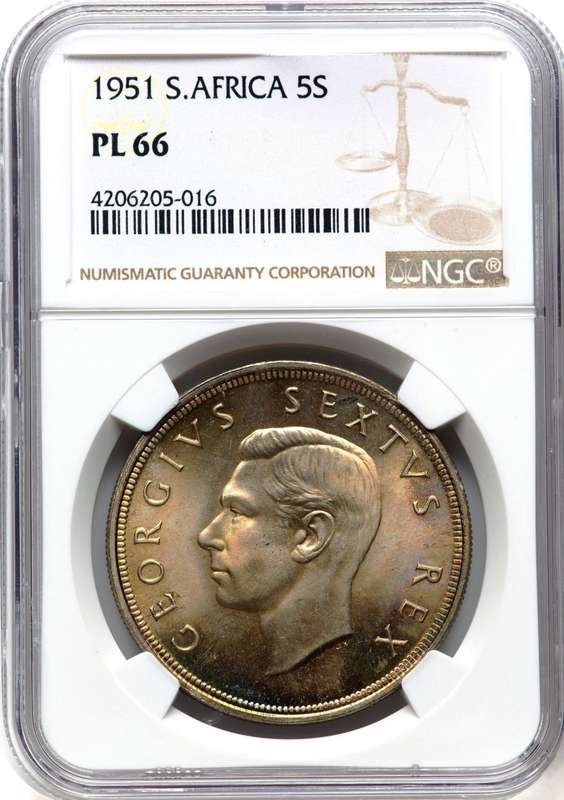 1951 PL66 5 Shillings KG6 SA Union Crown-NGC 'Top Mintstate PL Rainbow Gem'-Crown Collectors Choice