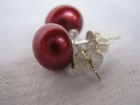 8 x 6 mm Wine Red freshwater and s925 silver stud earrings
