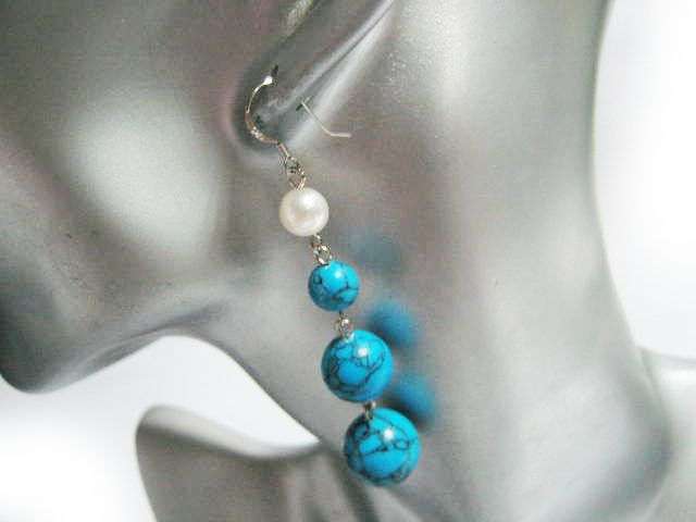 Turquoise & white freshwater pearl earrings