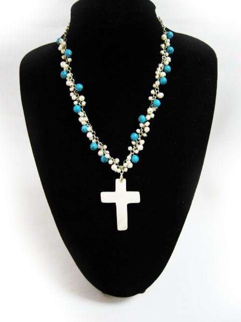 White freshwater pearl and Turquoise beads necklace with Mother of Pearl Cross