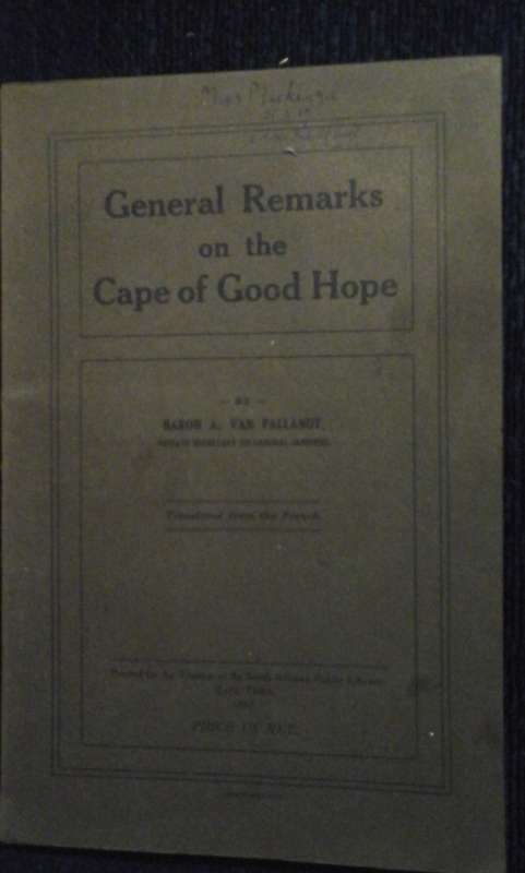 General remarks on the Cape of Good Hope - Baron A. van Pallandt