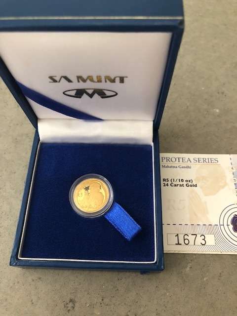 Gold Coin - Protea Series, 2008 Mahatma Gandhi, R5, 1/10oz Gold Coin