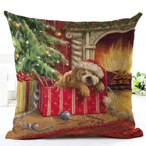 Decor puppy in gift box Christmas cushion cover