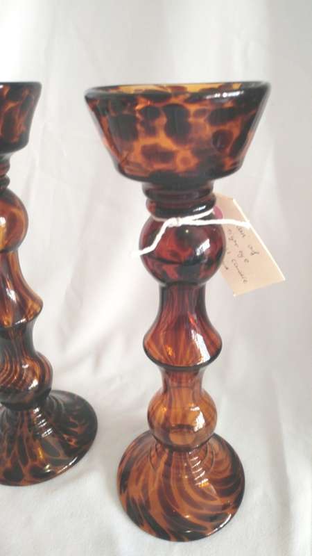 Stunning Pair Tortoise shell glass tall candlesticks