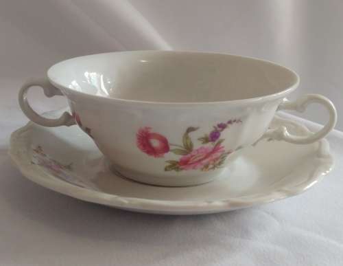 Beautiful floral Huguenot Royale Fine China collection - Soupe Coupe and underplates