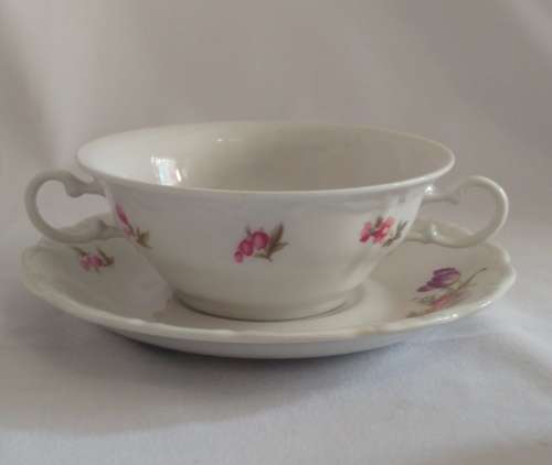 Beautiful floral Huguenot Royale Fine China collection - Soupe Coupe and underplates
