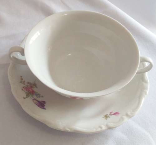 Beautiful floral Huguenot Royale Fine China collection - Soupe Coupe and underplates