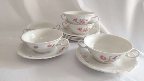 Beautiful floral Huguenot Royale Fine China collection - Soupe Coupe and underplates