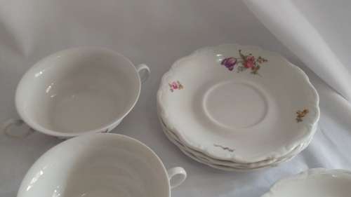 Beautiful floral Huguenot Royale Fine China collection - Soupe Coupe and underplates
