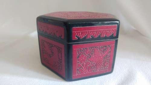 Stunning red and black decorated wood lacquered hexagonal box