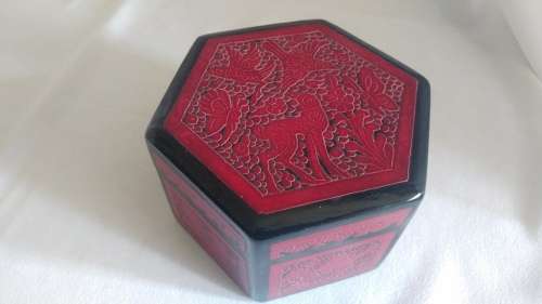 Stunning red and black decorated wood lacquered hexagonal box