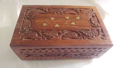 Stunning wooden box decorated with copper inlays and carved
