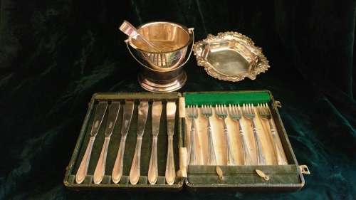 Silver plate collection Ice bucket, sweet dish and Fish eater set for 6 in presentation box