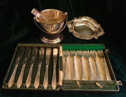 Silver plate collection Ice bucket, sweet dish and Fish eater set for 6 in presentation box