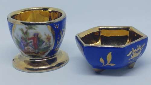 Stunning Blue and Gold ceramic romantic scene Egg cup and saltbush