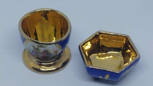 Stunning Blue and Gold ceramic romantic scene Egg cup and saltbush