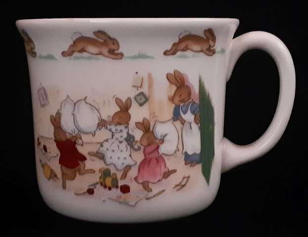 Royal Doulton Bunnykins Pillow Fight Hug-a-Mug designed by Walter Hayward