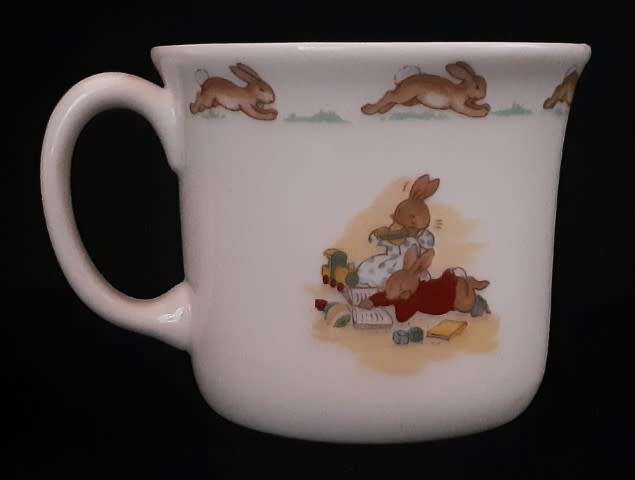 Royal Doulton Bunnykins Pillow Fight Hug-a-Mug designed by Walter Hayward