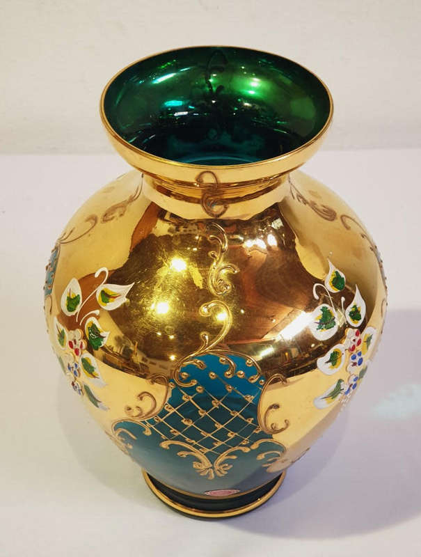 Stunning Italian Emerald Coloured Glass Baluster-shaped Flower Vase with gilt overglaze decoration
