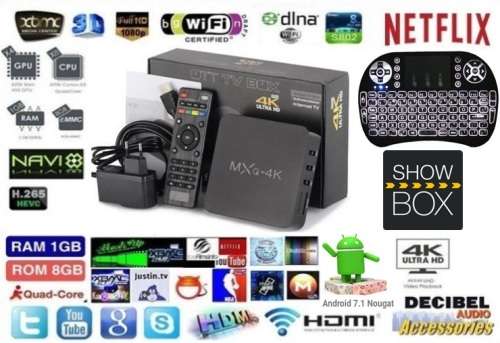 MXQ 4K Smart Android TV Box with Android 7.1 + i8 Backlit Mini Wireless Keyboard & Mouse