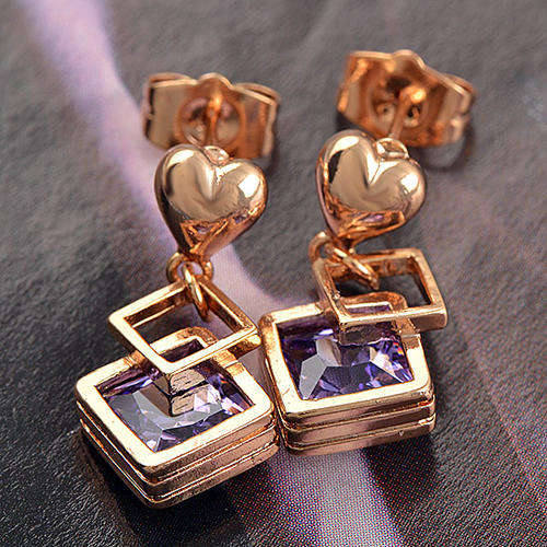 9K Gold Filled Purple CZ Impressive Heart Dangle Earrings,E846 (K640)