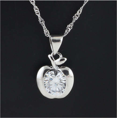 Genuine 925 Sterling Silver Crystal Zircon Cute ApplePendant Necklace