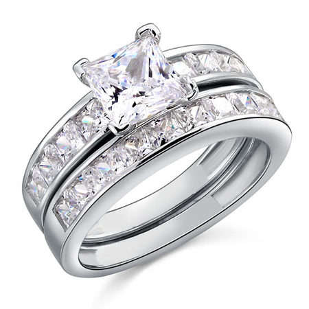 Solid 925 Sterling Silver,1 Carat Princess Cut Simulated Diamond 2-Pc